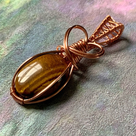 Copper Wrapped Tiger's Eye Pendant | Handmade NWT | 28" Brown Necklace Cord - Picture 4 of 5